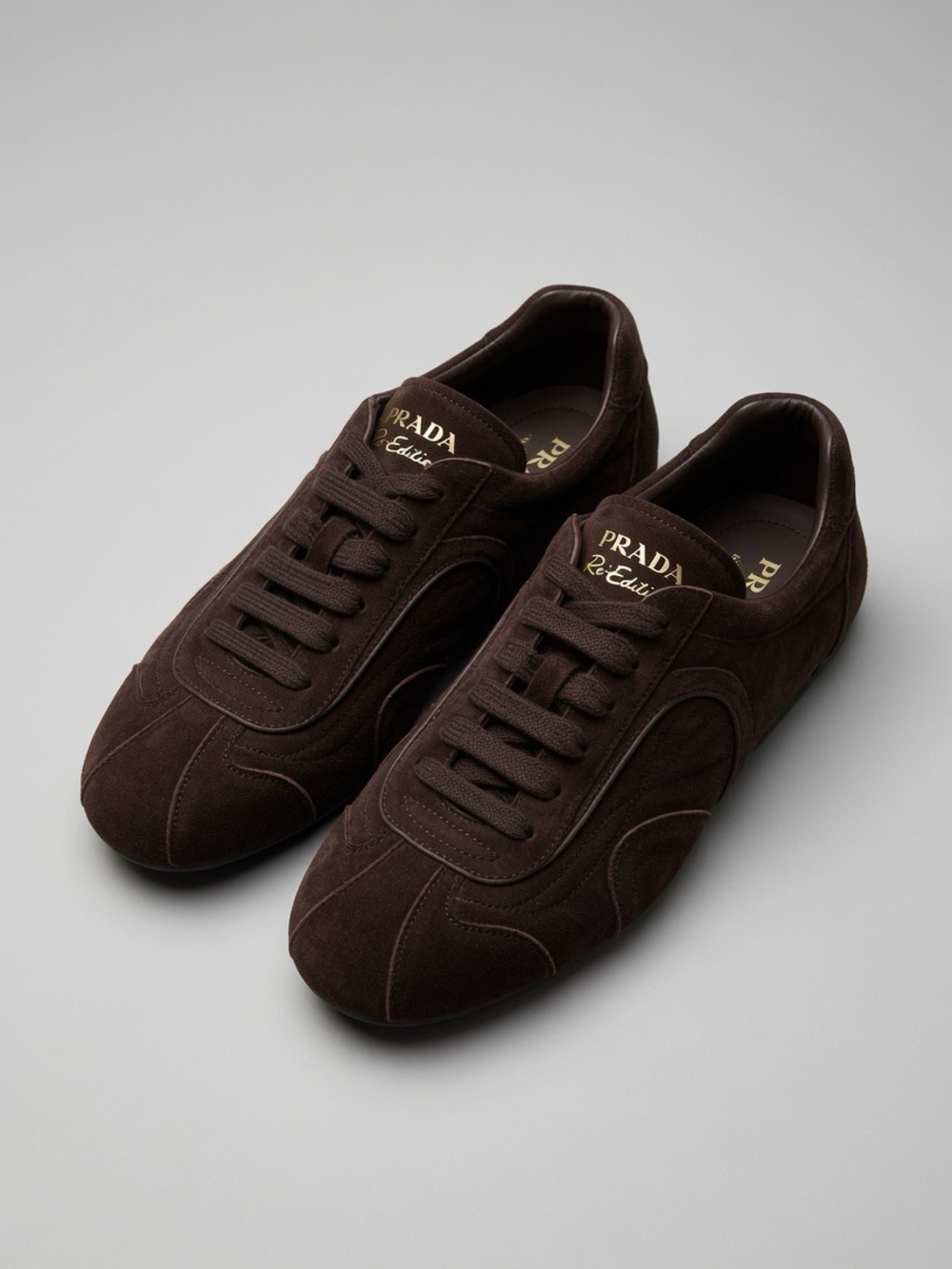 Prada Men's Dark Brown Suede Lace-Up Sneakers with Gold Logo